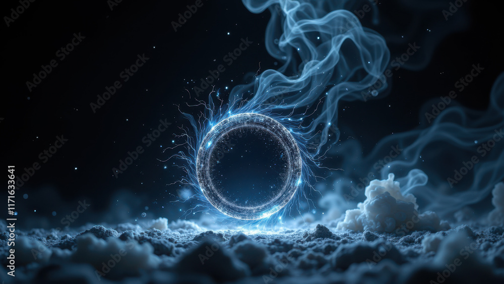 Poster a digital rendering of an ai entity with a glowing emblem encased in smoke against a cosmic backdrop