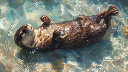 Fototapeta premium Otter floating peacefully in clear water holding pebbles