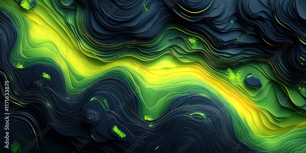 Poster exploring abstract layers with vibrant green and yellow pathways on a dark textured background
