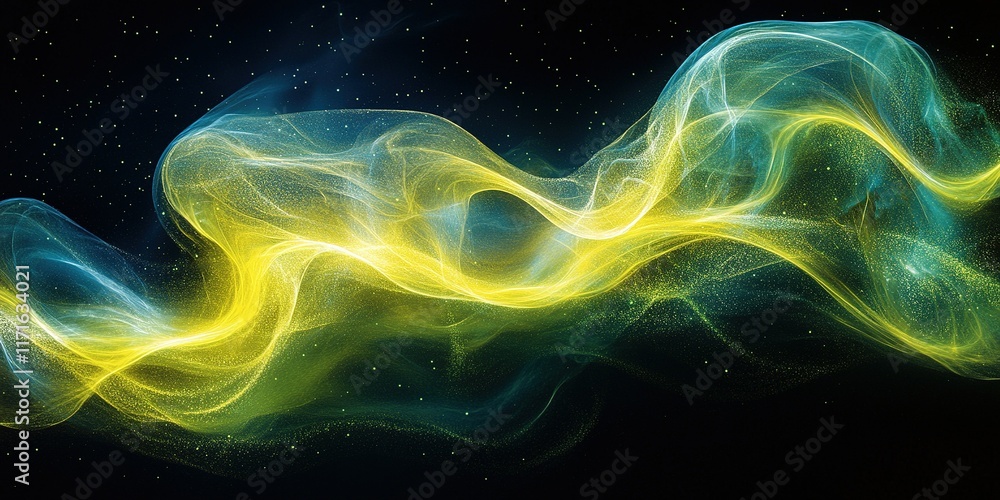 Poster colorful abstract wave pattern flows gracefully through a dark background with hints of sparkle