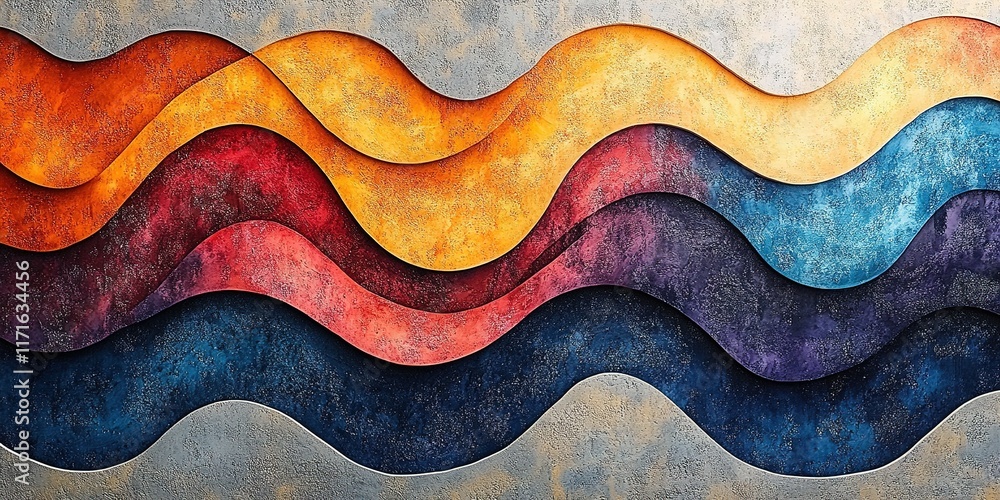 Poster colorful abstract wave patterns create a visually striking wall art installation in a modern indoor 