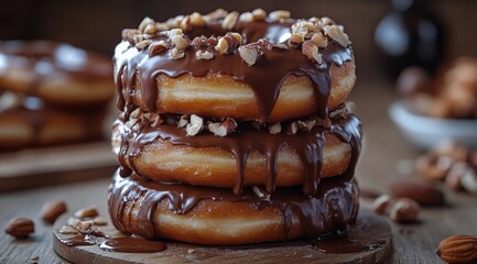 Delicious stacked donuts topped with chocolate and nuts at a cozy bakery setting