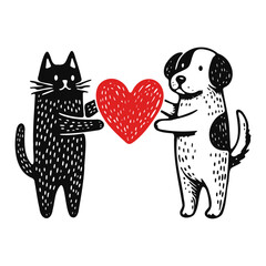 cat and dog holding a red heart, valentines day cartoon illustration