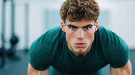 Obraz premium A focused young man in a green shirt performs a push-up, showcasing determination and strength in a fitness environment.