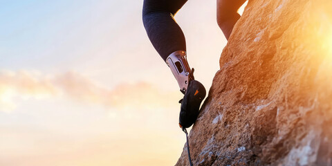 A woman with a modern Bionic Prosthetic Leg is rock climbing upwards mountain, mountaineering. Active sports for people with prosthetic legs