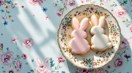 two bunny cookie on decorative plate spring floral holiday festive easter celebration food art vibrant bright creative top view copy space