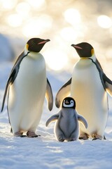 Emperor penguin family walking on snow during sunset