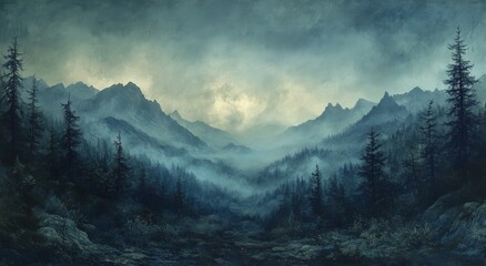 Mystical landscape with dark pine forests and misty mountains during twilight hours