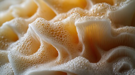 Fototapeta premium Close-up of creamy, foamy texture with air bubbles, resembling abstract landscape or organic form.