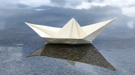 Obraz premium Elegant Paper Boat Floating on a Calm Puddle Under a Cloudy Sky, Reflecting the Serene Atmosphere of a Peaceful Day