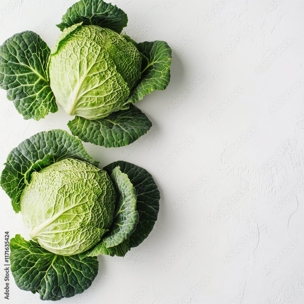 Poster fresh green cabbages arranged neatly on a white background for culinary use and presentation
