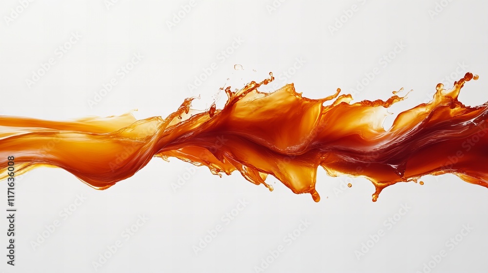 Poster a dynamic splash of amber liquid against a bright white backdrop. the rich color and fluid motion cr