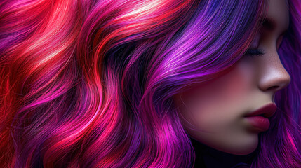An artistic side profile of a woman with vividly colored pink and purple hair, creating a stunning and elegant appearance. The blend of colors and textures exudes beauty and creativity.