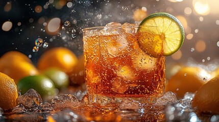 Iced brown drink with lime in a glass, surrounded by ice and citrus fruits.