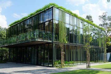 Fototapeta premium Eco-friendly glass office building with trees to reduce carbon emissions. Office with green environment