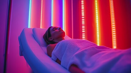 Woman relaxes, colorful lights, spa treatment.