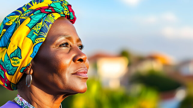 A woman with a colorful headwrap looks thoughtfully into the distance, illuminated by sunlight