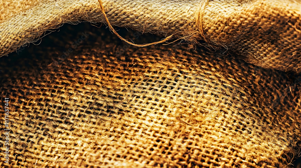 Poster Close-up of rustic burlap texture, showing intricate weave and golden brown tones. Ideal for backgrounds, textures, or design projects emphasizing rustic charm.