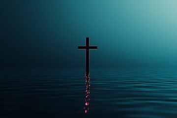 Naklejka premium Kreuz in ruhigem Wasser vor sanftem, blauem Licht