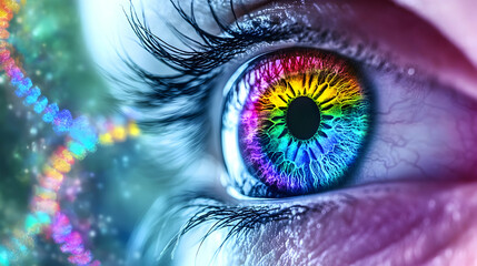 A stunning eye displays a spectrum of colors, surrounded by dynamic swirls and patterns of light