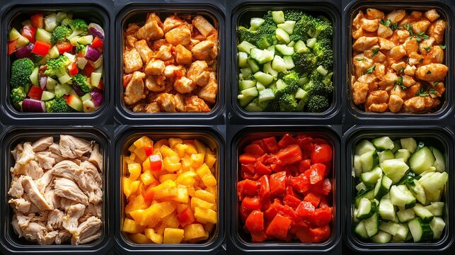 Assorted pre-portioned healthy meal prep ingredients in black containers; chicken, broccoli, peppers, cucumbers.