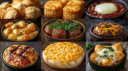 Collage of various delicious side dishes including cheesy potatoes, meatballs, and bread.