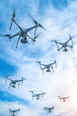 Many drones against the sky background. Urban innovation, technology, drone for infrastructure