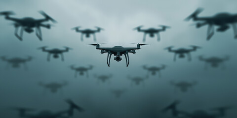Fototapeta premium Many drones against the sky background. Urban innovation, technology, drone for infrastructure