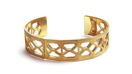 Isolated gold cuff bracelet with geometric design isolated on solid white background.