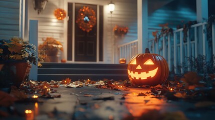 Obraz premium Spooky Halloween Scene Featuring a Glowing Jack-O-Lantern on a Dimly Lit Porch Surrounded by Autumn Leaves and Seasonal Decorations