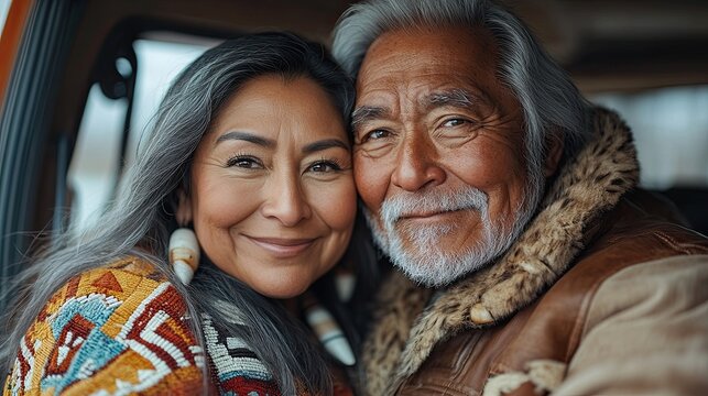 A Native American couple smiles for a photo in their vehicle.