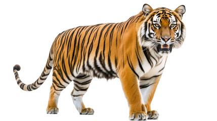 Obraz premium A regal Bengal tiger with striking orange and black stripes isolated on a transparent background, PNG