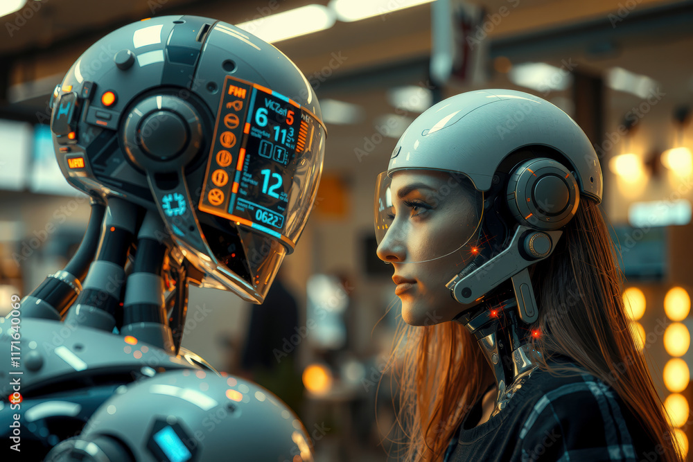 Poster futuristic scene depicts humanoid robot and woman with cybernetic enhancements facing each other in 