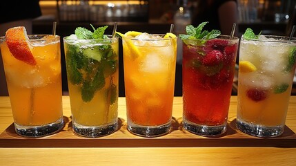 Fototapeta premium Five refreshing iced cocktails in tall glasses with fruit and mint garnishes, arranged on a wooden tray.