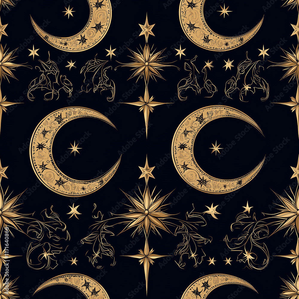 Poster pattern of gold moons and stars on a dark background, creating a mystical and enchanting atmosphere.