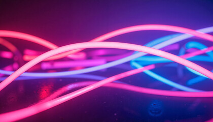 Neon light tubes in pink and blue with reflective surface
