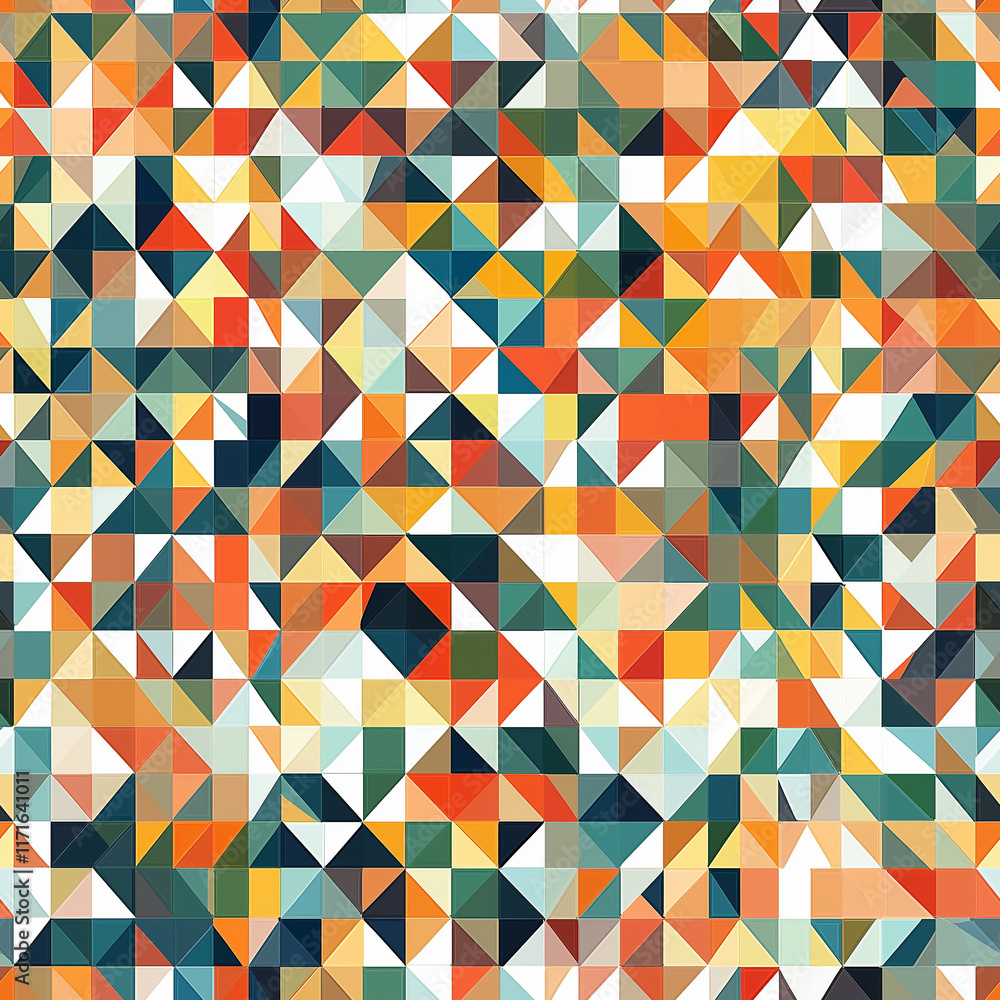 Poster colorful abstract geometric patterns with a mix of triangles, squares, and rectangles in various sha