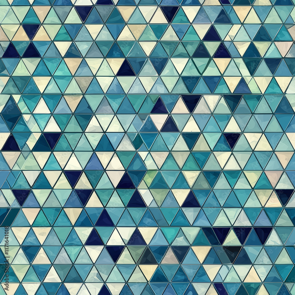 Poster vibrant geometric pattern featuring colorful triangles in shades of blue and green, creating a visua