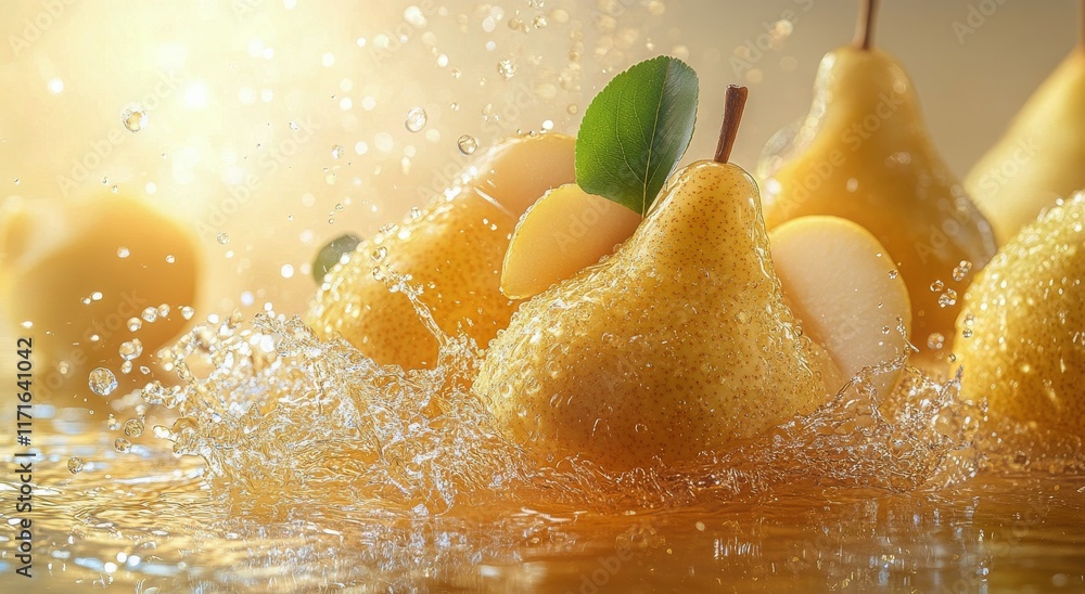 Poster fresh yellow pears splashing in water with green leaves creating an artistic display