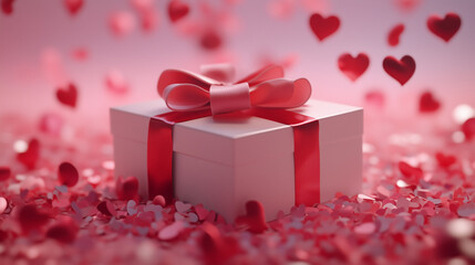 Elegant Valentine's Day gift box with red ribbon, romantic pastel pink background, heart-shaped confetti, and dreamy festive atmosphere