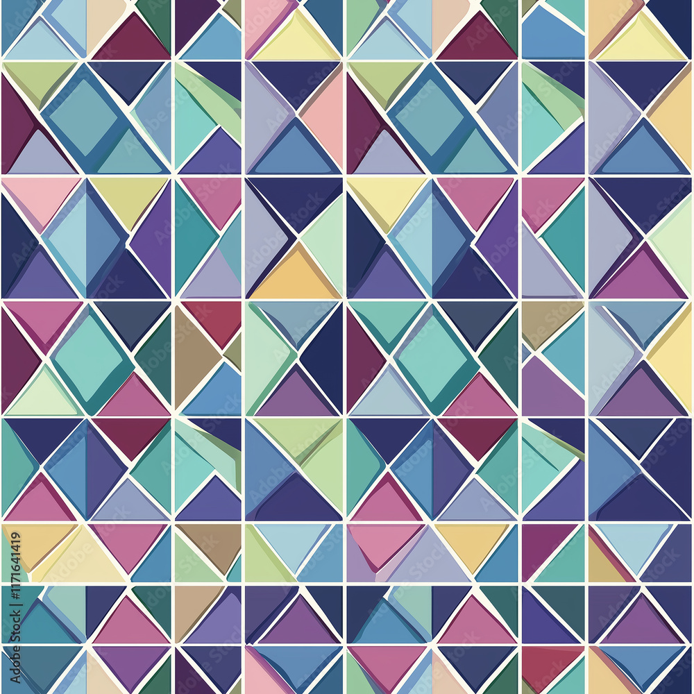 Poster colorful geometric pattern featuring triangles arranged in a mosaic style, creating a vibrant and mo