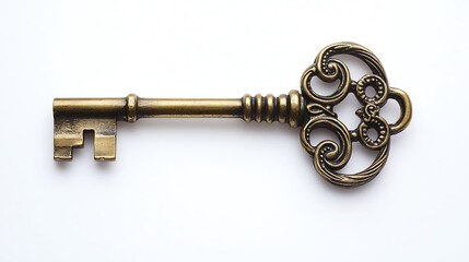 Isolated intricate brass key with an ornate handle, placed on a solid white background.