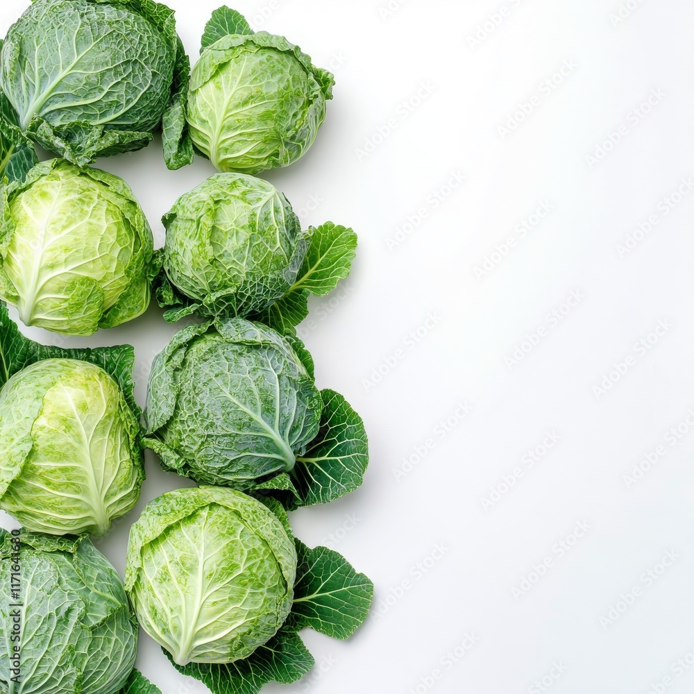 Poster fresh green cabbages arranged neatly on a white background for culinary use and presentation