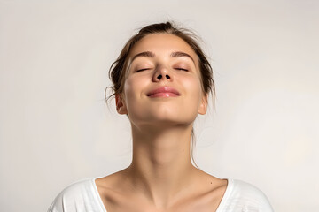Woman doing breathing exercises with closed eyes, relax. Calm face of girl enjoying fresh air, meditation with breathing, healthy yoga. Deep breath through nose for brain. Isolated on white background