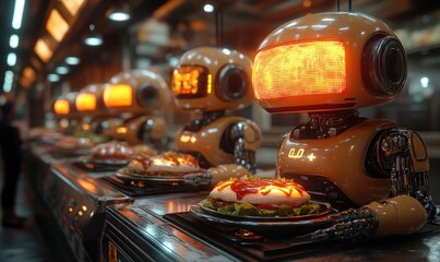 Robots prepare burgers on futuristic assembly line.