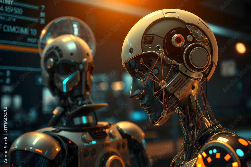 Aufkleber futuristic humanoid robots with intricate designs in high tech environment, showcasing advanced tech
