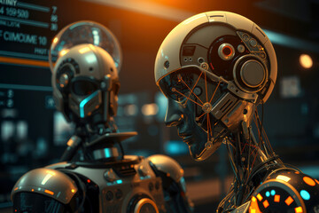 Fototapeta premium Futuristic humanoid robots with intricate designs in high tech environment, showcasing advanced technology and innovation. scene is illuminated with warm lighting, highlighting robots features