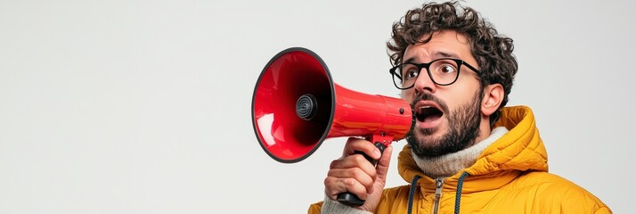 A young man in a yellow jacket holds a red megaphone, expressing enthusiasm and excitement while looking ahead with eagerness in his eyes, ready to communicate loudly.