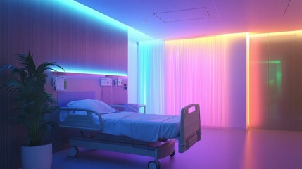 Hospital room; colorful lights; empty bed; calming plant.