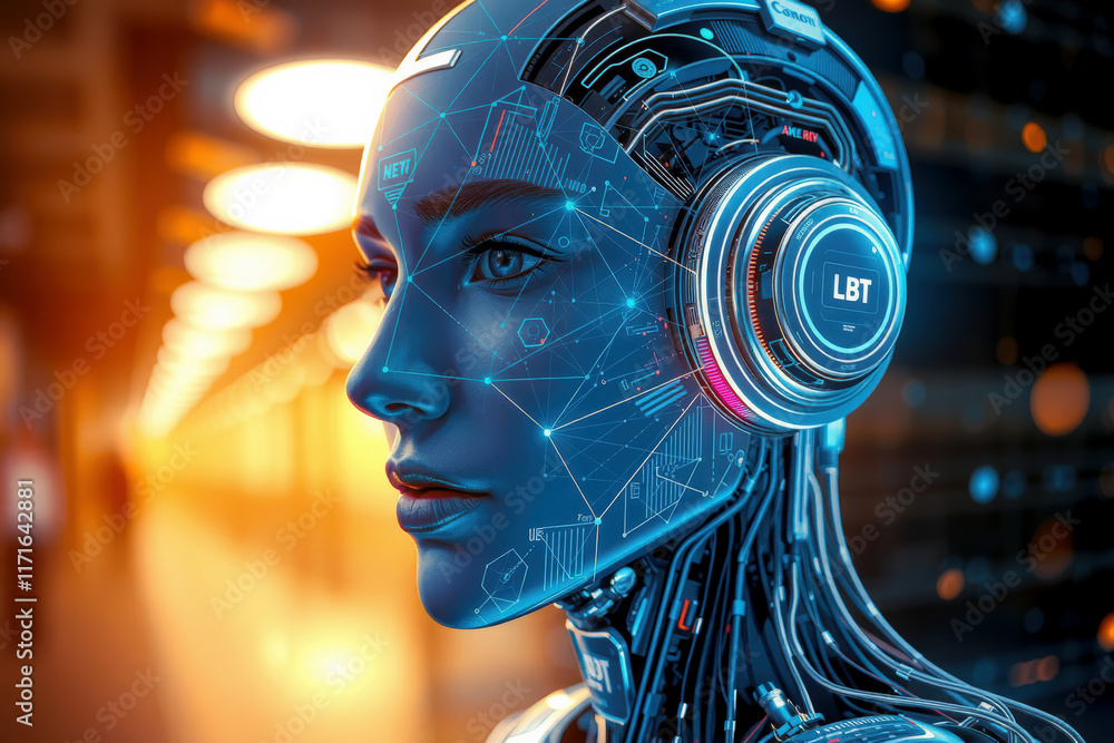 Aufkleber futuristic humanoid robot with intricate digital circuits and glowing elements stands in modern, ill